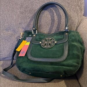 Tory Burch Dark Green Suede Shoulder Bag